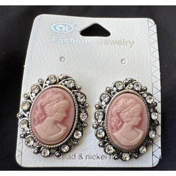 Classic Cameo CZ Pink Silver Tone Oval Earrings NEW - Picture 2 of 9